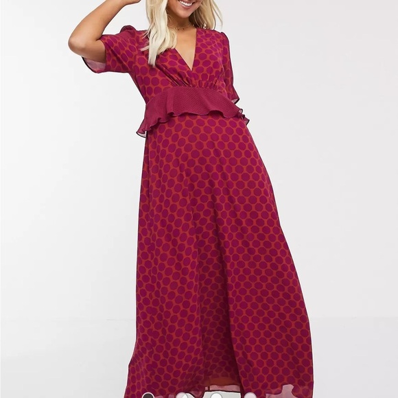 ASOS Twisted Wunder Frill Waist Detail Hexagon Printed Maxi Dress in Rust - Picture 1 of 16